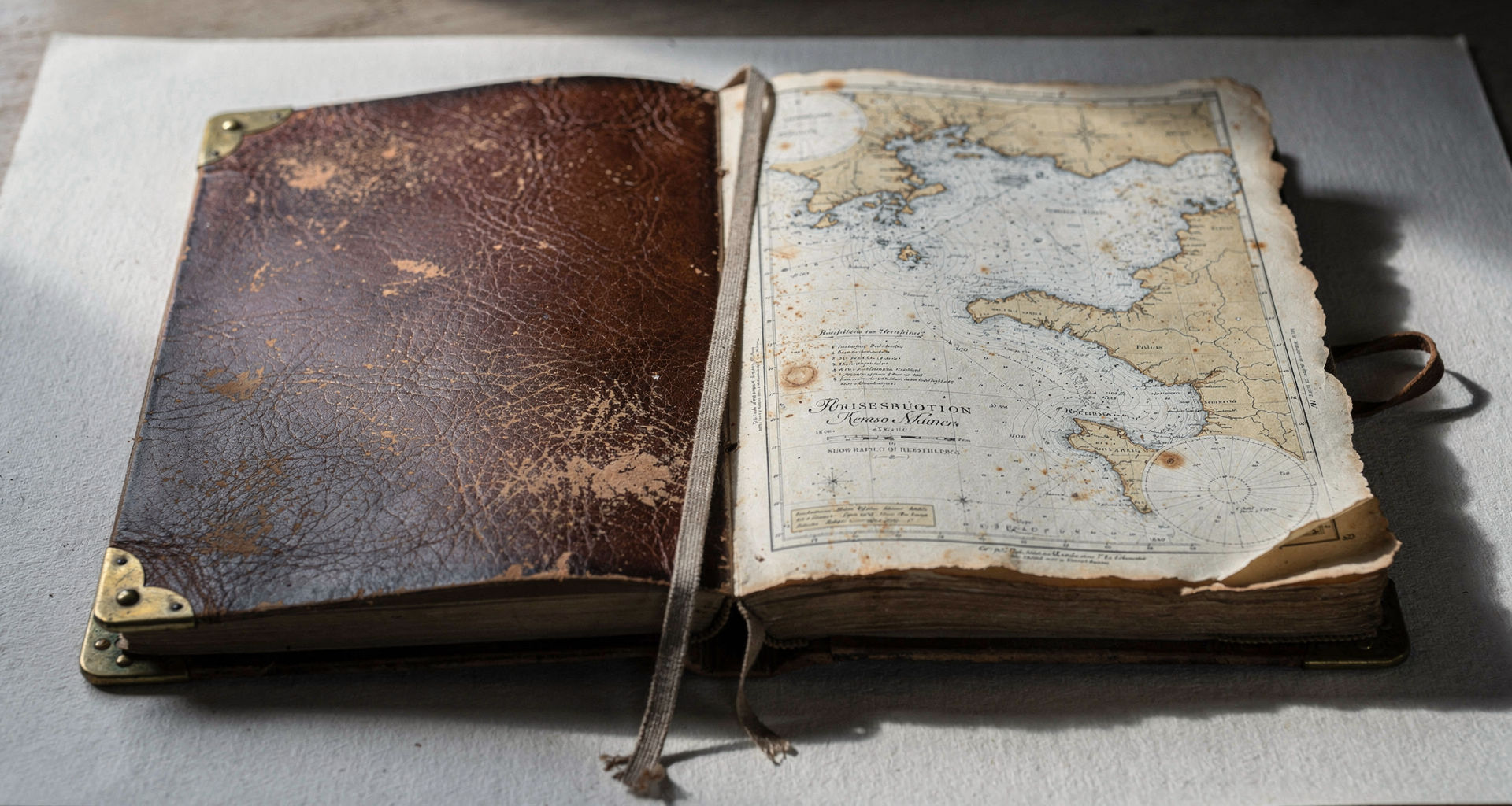 An open leather chartbook showing a coastline plate