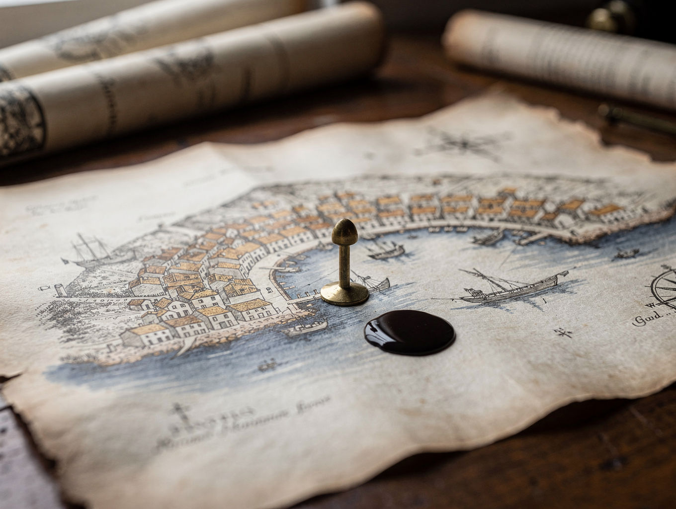 A brass pin marking a painted harbor on a portolan chart