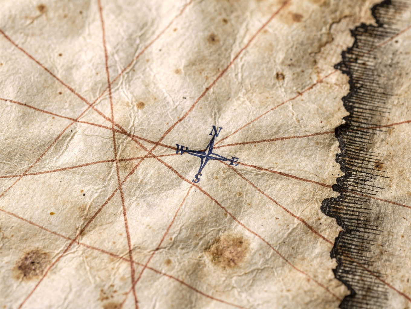 Close-up of ochre rhumb lines crossing a cream vellum chart