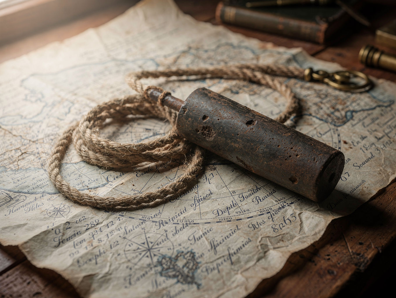 Handwritten depth soundings and a lead weight on a nautical chart