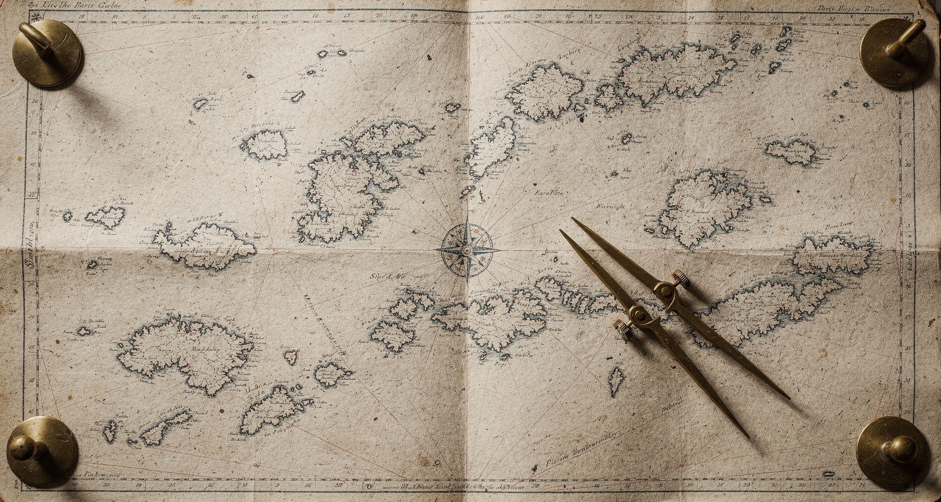 Unfolded portolan chart of an invented archipelago, held by brass weights, with rhumb lines and a compass rose
